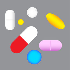 Pills symbols. Colored elements. Medicine sign. Pharmaceutical idea. Dark background. Vector illustration. Stock image.