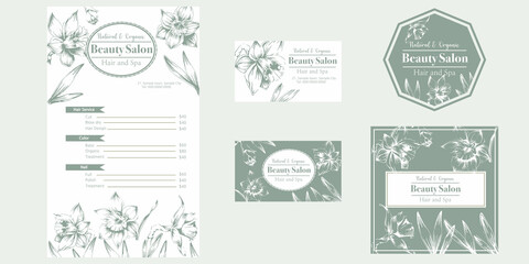 set of label template designs with hand drawn daffodil flowers illustration, for menu, card, social media