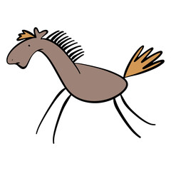 Funny brown horse. A creative stallion on a white background. Rock art in the style of naive art. Vector illustration. An element for greeting cards, posters, stickers and other designs.