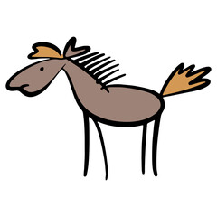 Funny brown horse. A creative stallion on a white background. Rock art in the style of naive art. Vector illustration. An element for greeting cards, posters, stickers and other designs.