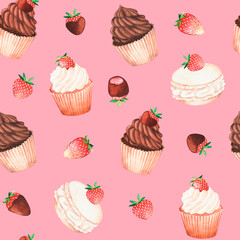 Seamless pattern of chocolate cupcakes. Watercolor illustration. Isolated on a pink background