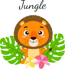 Cute cartoon lion cub with tropical leaves and flowers. Postcard in children's cartoon style.Lion isolated on white background. Vector illustration