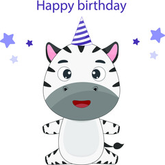 Fototapeta na wymiar Cute zebra cub. Postcard in children's cartoon style. Zebra isolated on white background. Vector illustration