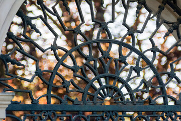Metal gate ornament with leaves on the background.