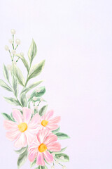 Fototapeta na wymiar Spring flowers. Greeting card design. Botanical decoration for wedding invitations. Arrangement of pink and white wildflowers.