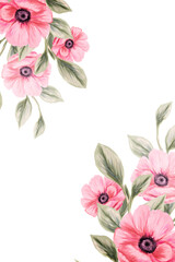 Spring flowers. Greeting card design. Botanical decoration for wedding invitations. Arrangement of pink and white wildflowers.