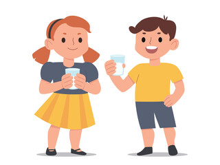 Cute little kids with a glasses of milk. Vector flat cartoon style illustration