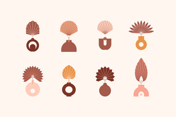 WebBoho Vases and Palm Dried Leaf in Trendy Minimal Style. Vector Bohemian Illustrations for Creating Logo