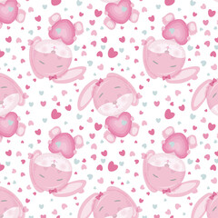 Fototapeta na wymiar Seamless pattern with a pink little cute bunny hugging a heart.