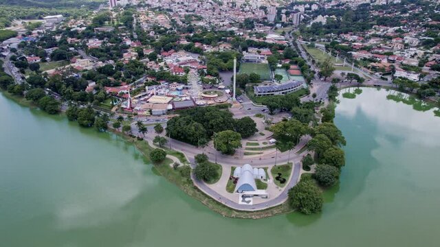 Aerial view of "Lagoa da Pampulha", "Igreja S&atilde;o Francisco" in the city of Belo Horizonte, in Minas Gerais, Brazil. 4K.