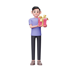 3d Character illustration casual man brings valentine gift and offers it, valentines day celebration concept