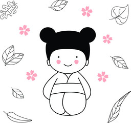 cute cartoon girl wearing kimono traditional japanese clothes