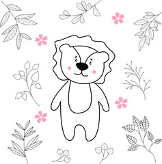 Seamless childish pattern with cute animals in black and white style. Vector illustration. Beautiful animals. Creative scandinavian kids textures for fabric, wrapping, textile, wallpaper, clothes.