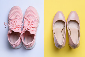 Sports shoes and high-heels on color background. Concept of balance