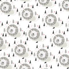 Hand drawn seamless pattern abstract cute lion cartoon premium vector. for kids and baby. Print on t shirts, fabric, linen, textile and wallpaper background

