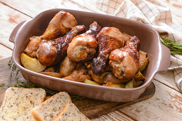 Baking dish with tasty cooked chicken drumsticks and potatoes on table