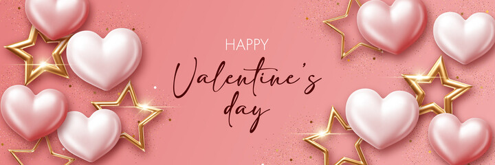 Valentines Day background with 3d hearts and stars. Design element for greeting card or sale banner. Vector illustration