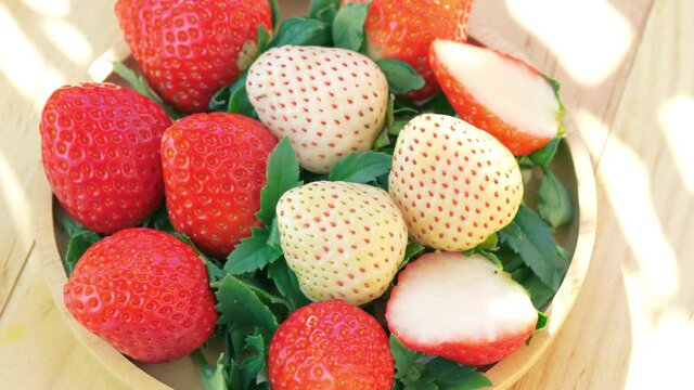 Fresh strawberries in a wooden basket on wooden background, Red Strawberries and white strawberries Pine berry or Hula strawberry in Bamboo basket.