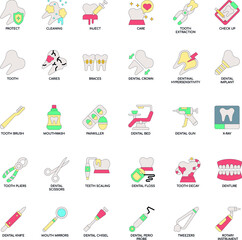 Dental elements flat vector color icon collection set