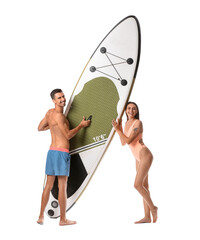 Young couple with board for sup surfing on white background