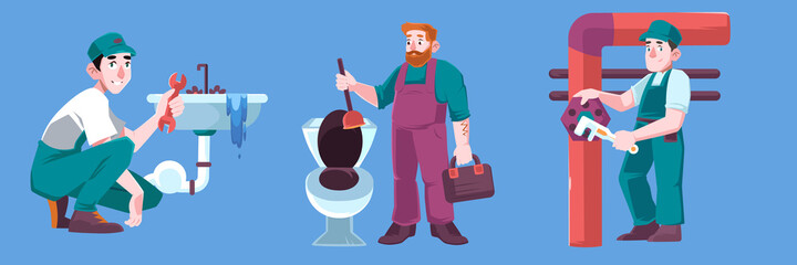 Plumbers repair broken plumbing sink, toilet bowl and heating pipes. Handymen service, call masters male characters with wrench and plunger tools fixing home appliances, Cartoon vector illustration