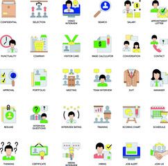 Interview elements color flat vector icon collection set
