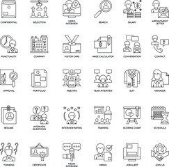 Interview elements outline flat vector icon collection set