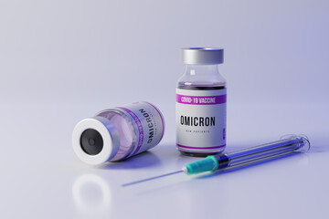 COVID-19 VACCINE for new strain omicron. New Variant of Covid-19 Omicron. Injectable vaccine for the vaccination program of coronavirus Omicron. 3d render illustration.