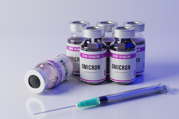COVID-19 VACCINE for new strain omicron. New Variant of Covid-19 Omicron. Injectable vaccine for the vaccination program of coronavirus Omicron. 3d render illustration.