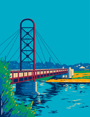 WPA poster art of Mishawaka Riverwalk bridge or St Joe River and pedestrian bridge over St Joseph River connecting Beutter Park to Battell Park in Indiana, USA in works project administration style.
