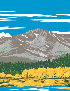 WPA poster art of Fallen Leaf Lake viewed from Taylor Creek Trail in the fall located in El Dorado County, California, United States done in works project administration style.
