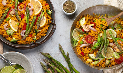 Vegan Paella on gray background.