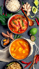 Traditional Thai food on dark background.