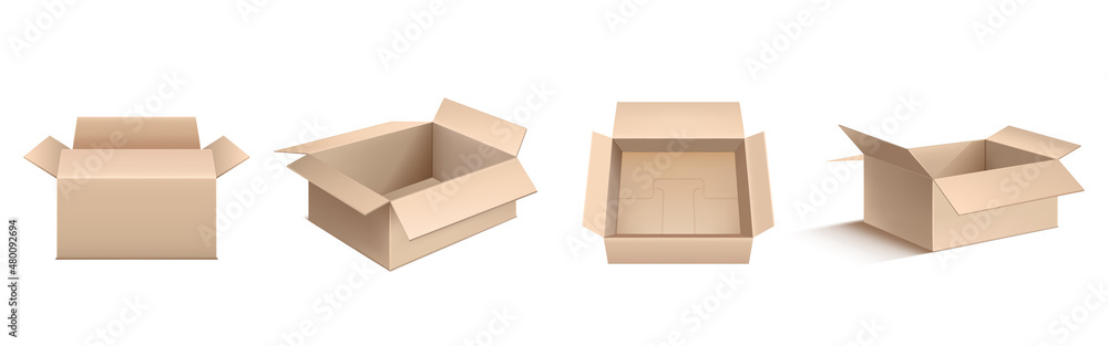 Poster empty cardboard boxes, brown carton package in front, angle and top view. vector realistic mockup of