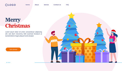 Christmas celebration together with family on winter december. Decorate with christmas tree and giftbox. flat vector illustration for banners, flyers and landing page