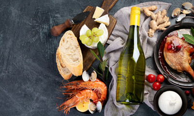 White wine Riesling with duck and snacks.