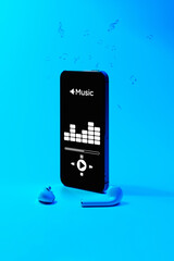 Music background. Mobile smartphone screen with music application, sound headphones. Audio voice with radio beats on blue gradient. Recording studio or podcasting banner with copy space.