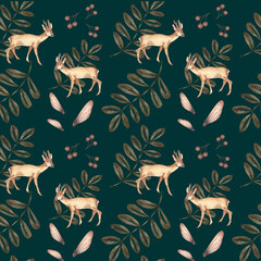 Forest seamless pattern on a dark green background, botanical illustration of linden seeds, rowan leaves, roe deer, for pattern packaging, craft paper