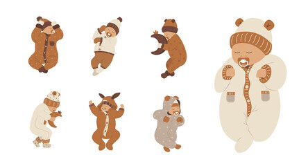 Boho sleeping baby. Set of cute newborns with pacifiers in scandinavian clothes. Healthy sleep concept. Vector illustration in flat cartoon style. © KeronnArt