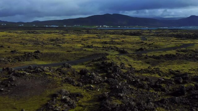 Rocky Terrain Of Hopsnes Peninsula In Grindavik, Southwest Iceland. - aerial