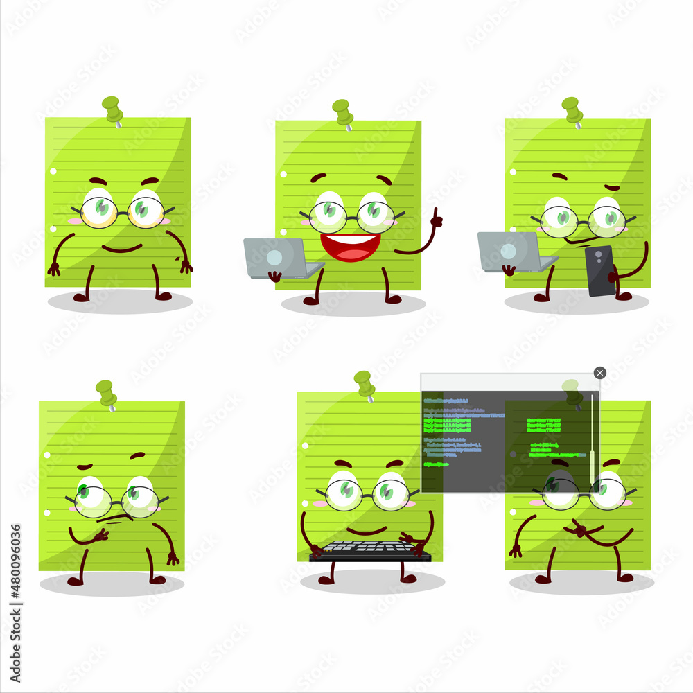 Wall mural green sticky notes programmer cute cartoon character with