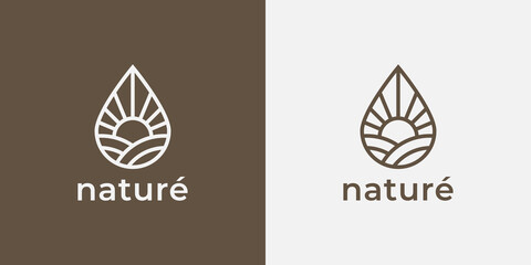 Bio nature line icon. Organic product symbol. Natural eco farm landscape sign. Rising sun over field in water drop emblem. Vector illustration.