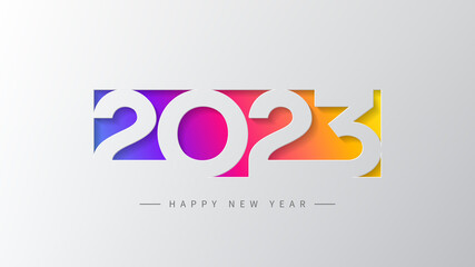 2023 Happy New Year banner. Vector illustration with colorful numbers 2023 with trendy gradient. New Year holiday symbol template on gray background. - obrazy, fototapety, plakaty