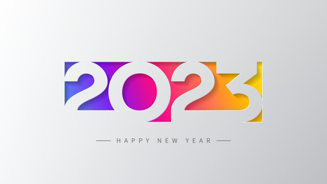2023 Happy New Year banner. Vector illustration with colorful numbers 2023 with trendy gradient. New Year holiday symbol template on gray background.