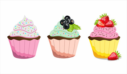 A set of cupcakes with berries and icing on a squirrel background