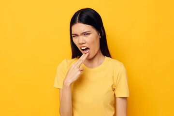 pretty brunette posing emotions problems studio isolated background unaltered