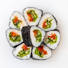 vegan sushi on the white background, top view