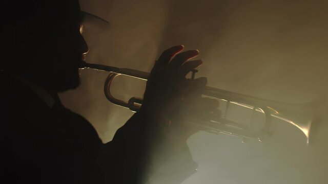 Bearded male musician in hat and jacket plays trumpet, pressing keys, closeup in smoke studio, side view. Concept of jazz music and professional trumpet playing