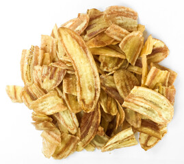 Asian caltivated banana or pisang awak banana cracker ro banana chips on white background, soft and selective focus.