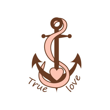 Valentines day tattoo anchor. Vintage tattoo anchor ribbon love inscription True love. Old school tattoo Retro sailor graphic element. Romantic logo design. Decorative graphic illustration.